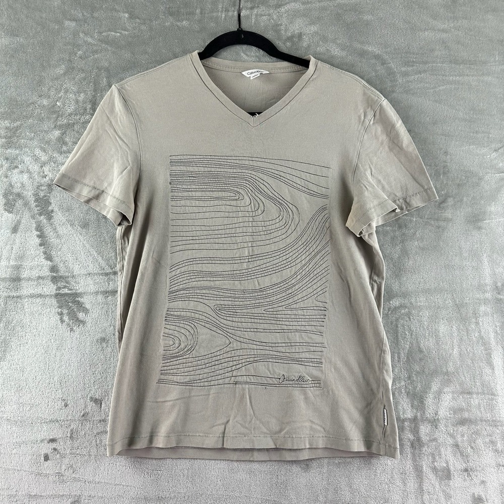 Calvin Klein T-Shirt Men's S Gray Short Sleeve V-Neck Embroidered Design.